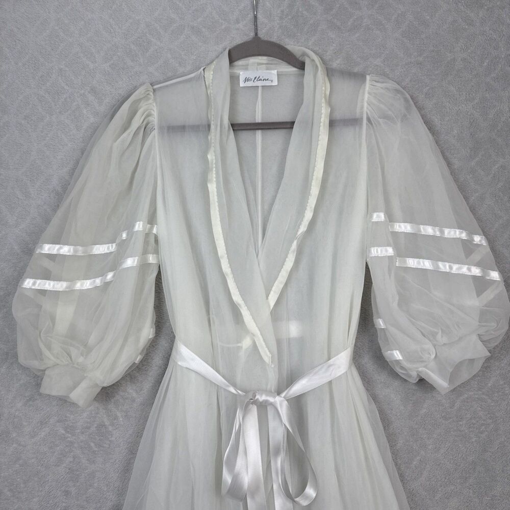 Vtg Miss Elaine Sheer Robe S/M White Belt Peignoir Puff Sleeve Bridal Retro 50s - Picture 2 of 11